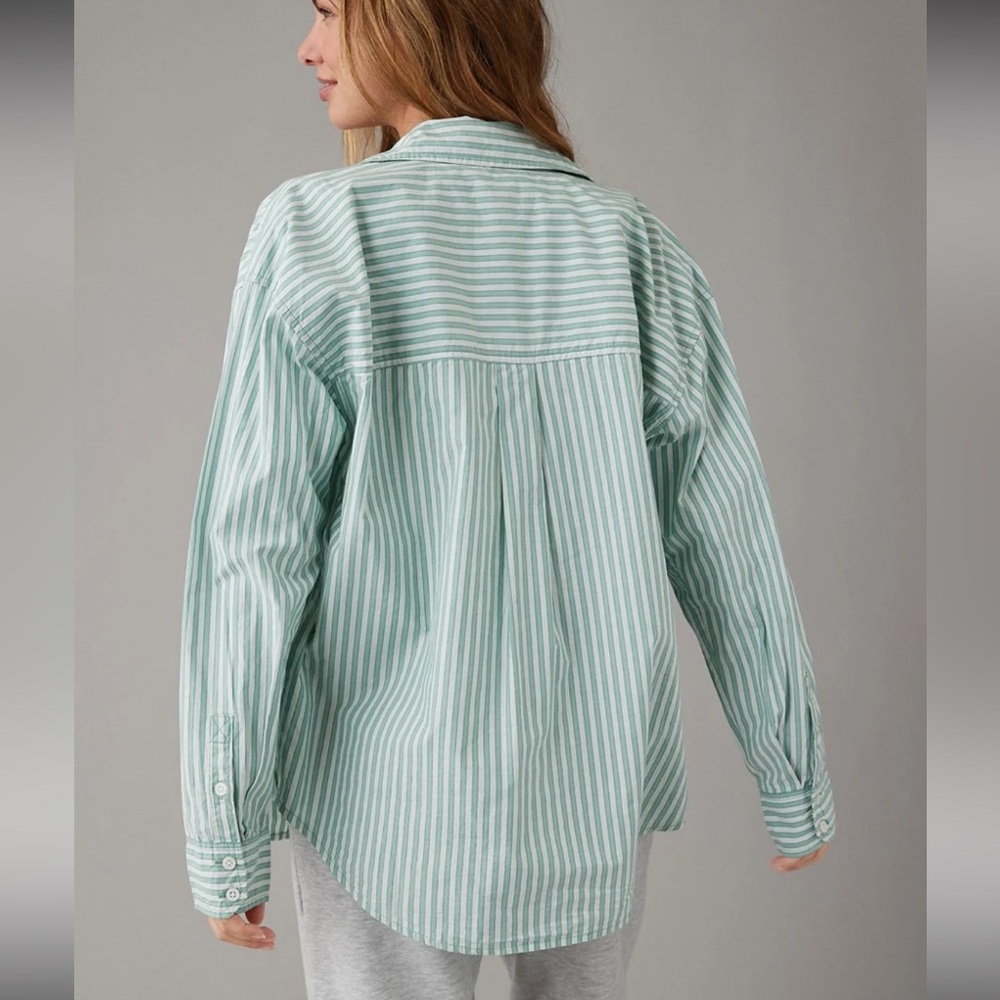 AEO women’s XL Pefect Button Up Shirt green and white striped oversized fit - Picture 5 of 7